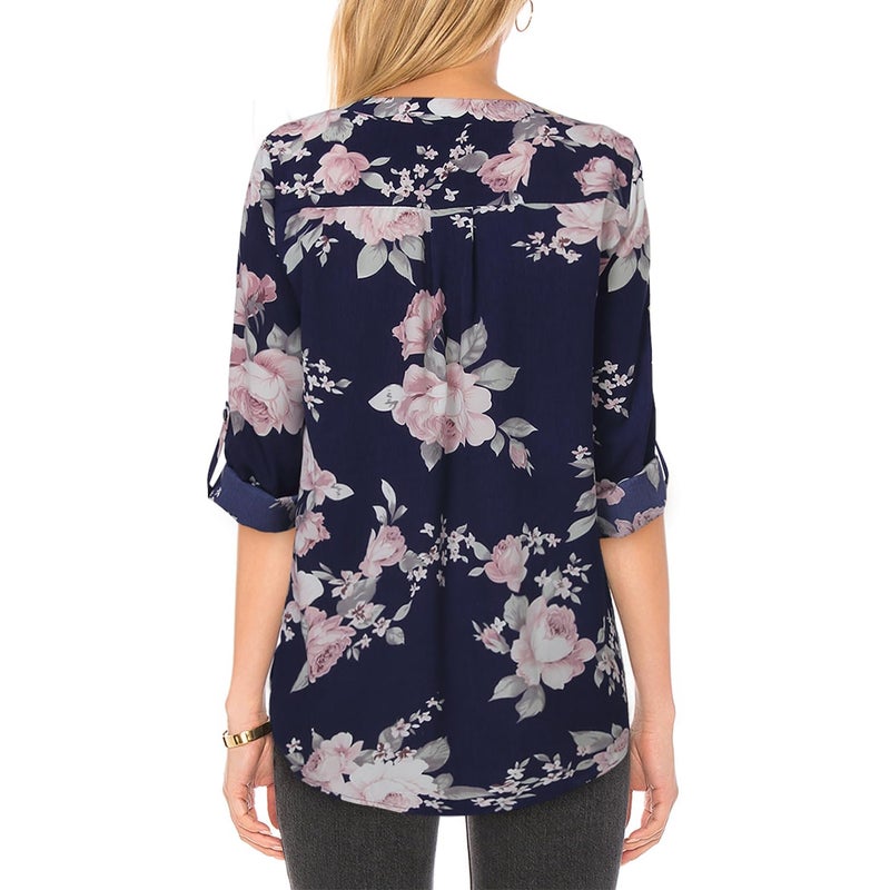 Youtalia Womens Dressy Casual Blouses Loose V Neck 3/4 Sleeve Tops Tunics,Multicolor Blue,XL - Image 3